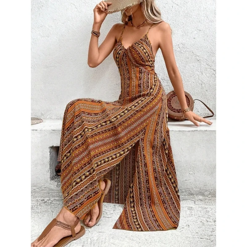 

A-line High Waist Dress Summer Sleeveless Strappy Bohemian Print Slit Long Skirt 2026 Women's Beach Resort Style Versatile Dress