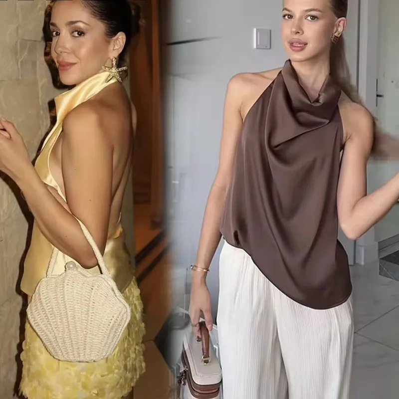 

2025 женские модные однотонные майки коричневого цвета с бретелькой на шее без рукавов и открытой спиной, женские летние повседневные уличные модные топы Y2K