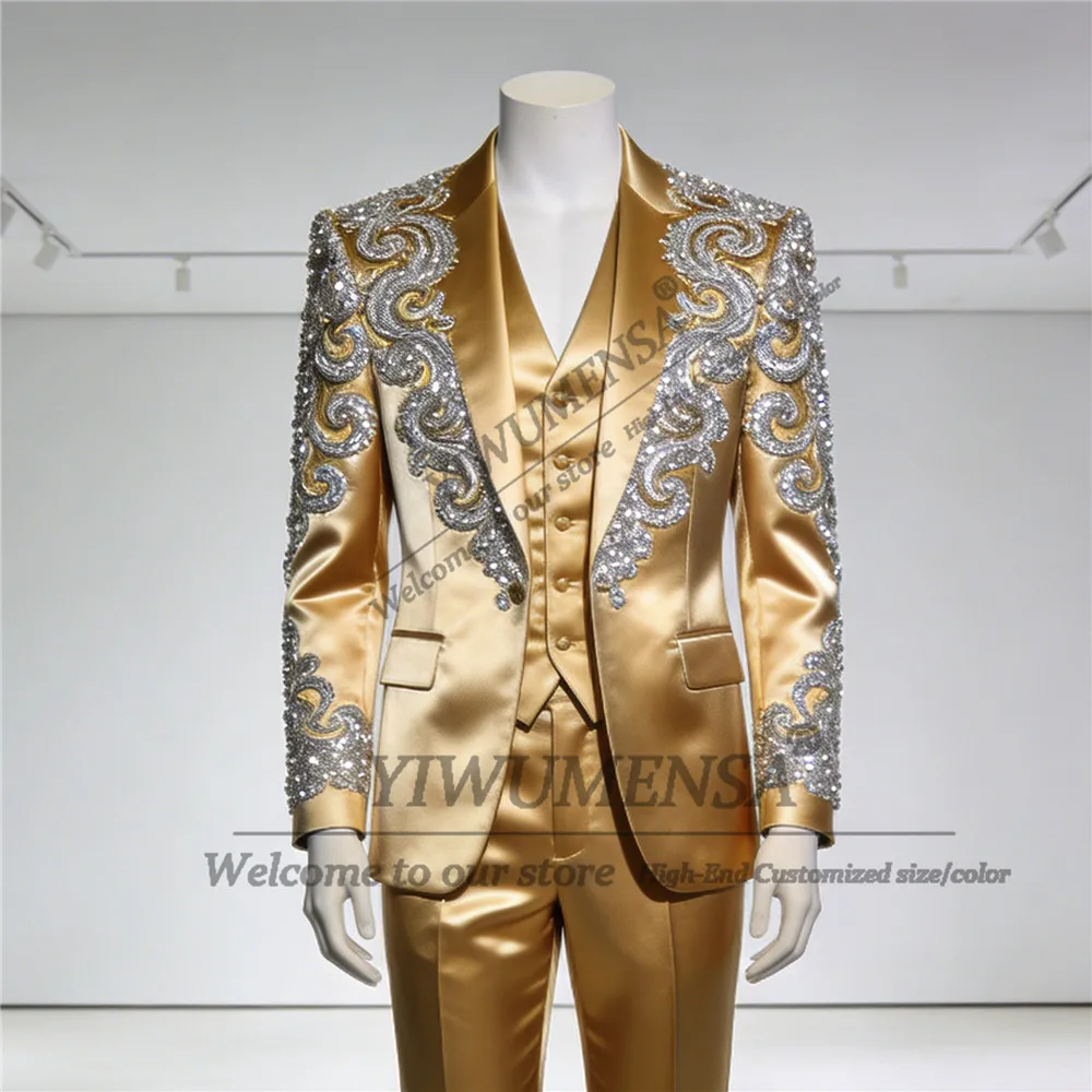 Luxury Crystals Beading Suits Men Slim Fit Glittering Satin Prom Blazers Customized Groom Banquet Wedding Tuxedos Costume Homme