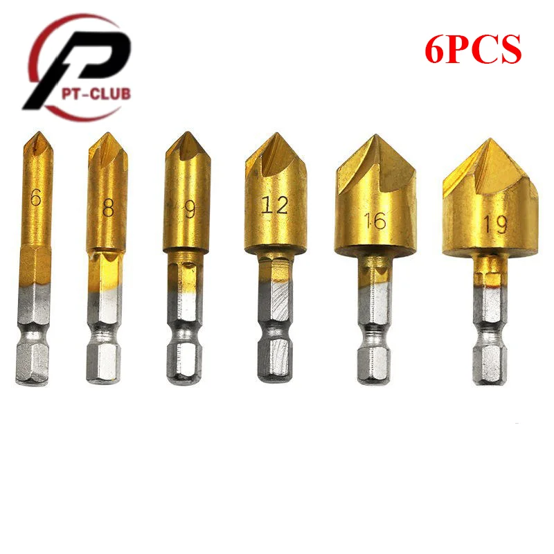 

Набор зенкеров 3/6 шт., 6-19 мм, с шестигранным хвостовиком 1/4'', HSS, 5-зубчатые, 90 градусов, для дерева