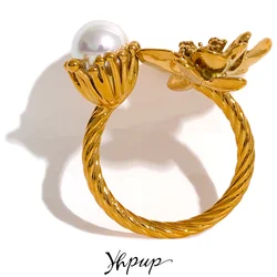 Yhpup Stainless Steel Fashion Charm Flower Ring for Women Personality Statement Finger Gold Color Waterproof Jewelry Accessories