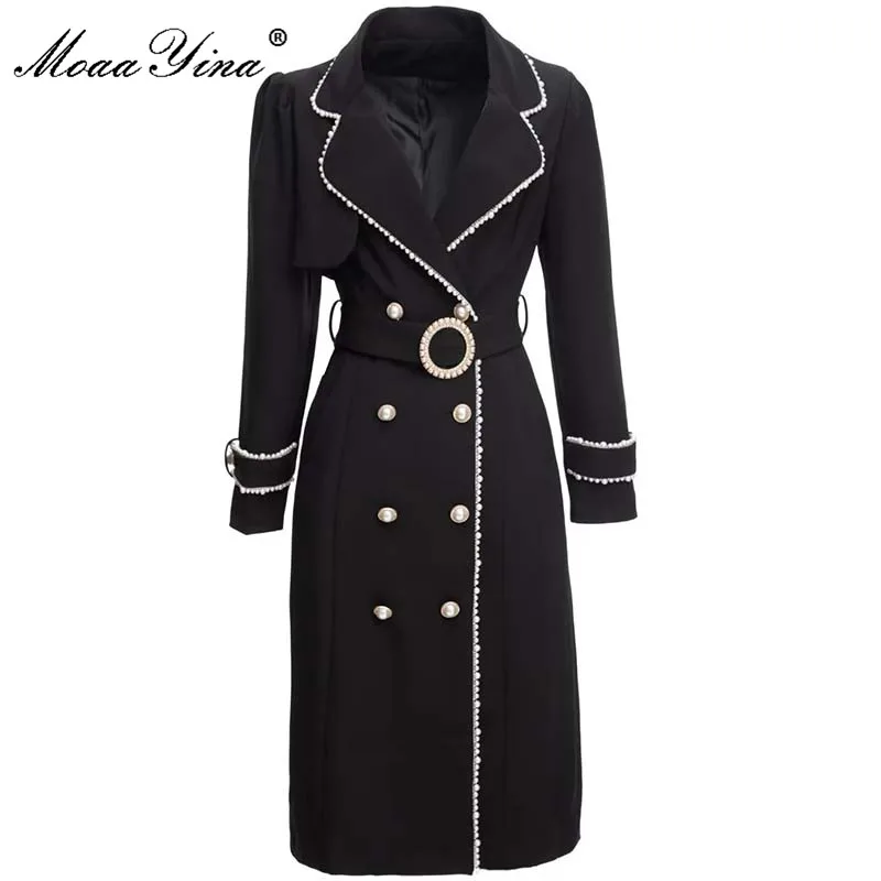 

MoaaYina Fashion Runway Fashion Autumn Winter Balck Trench coat Women Long sleeve Double buckle Belted Casual Outwear