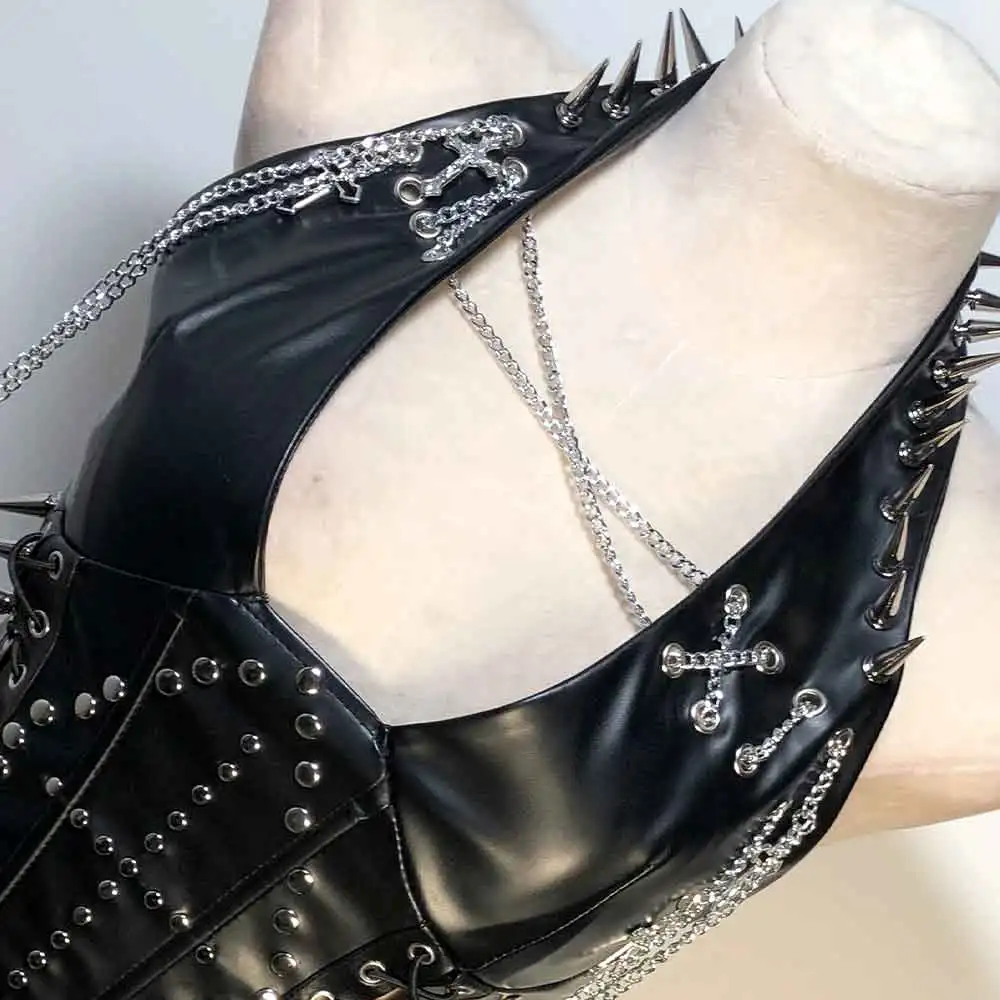 Goth Tops Rave Punk Rock Clothes Grunge Emo Clothing Festival Scene PU leather Black Spike Studded Sexy Gothic Tank Y2K T-shirt