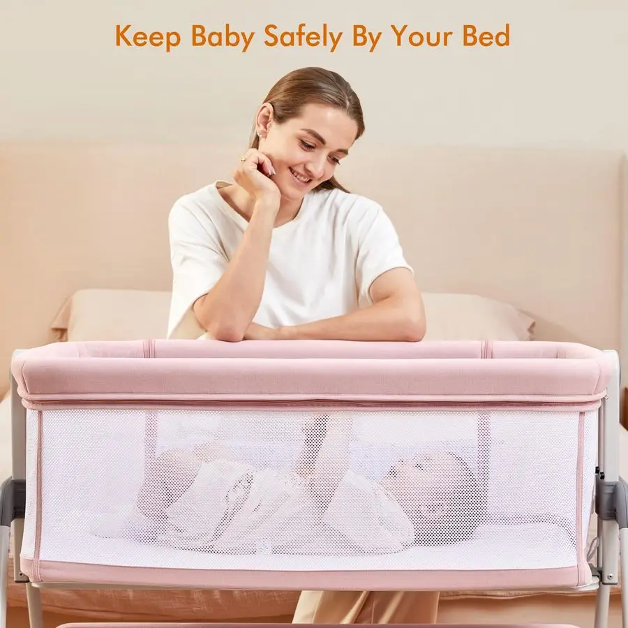 Baby Bassinet Bedside Sleeper, Easy Folding Portable Bassinet for Baby Girl with Wheels, Adjustable Height, Included Mattress Pi