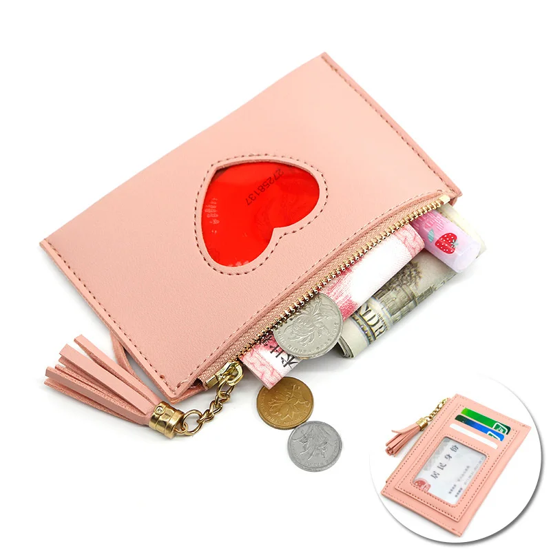 

Cute Love Heart Women Short Wallet Multi-Card Holder Female Silm Coin Pocket Purse Tassel Decoration Zipper Clutch Bag