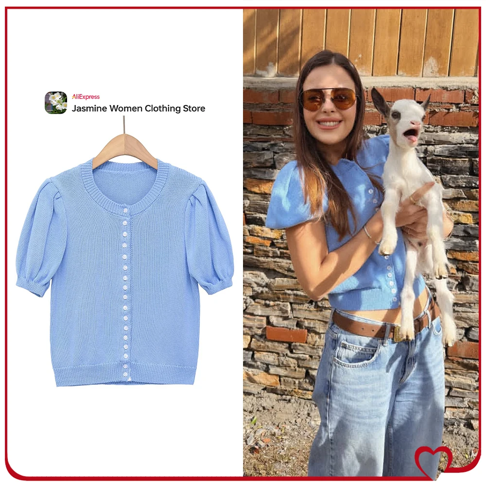

Elegant Chic Short Puff Sleeve Cardigan for Women Light Blue Summer Knit Tops Casual Round Neck Cardigan with Short Puff Sleeves