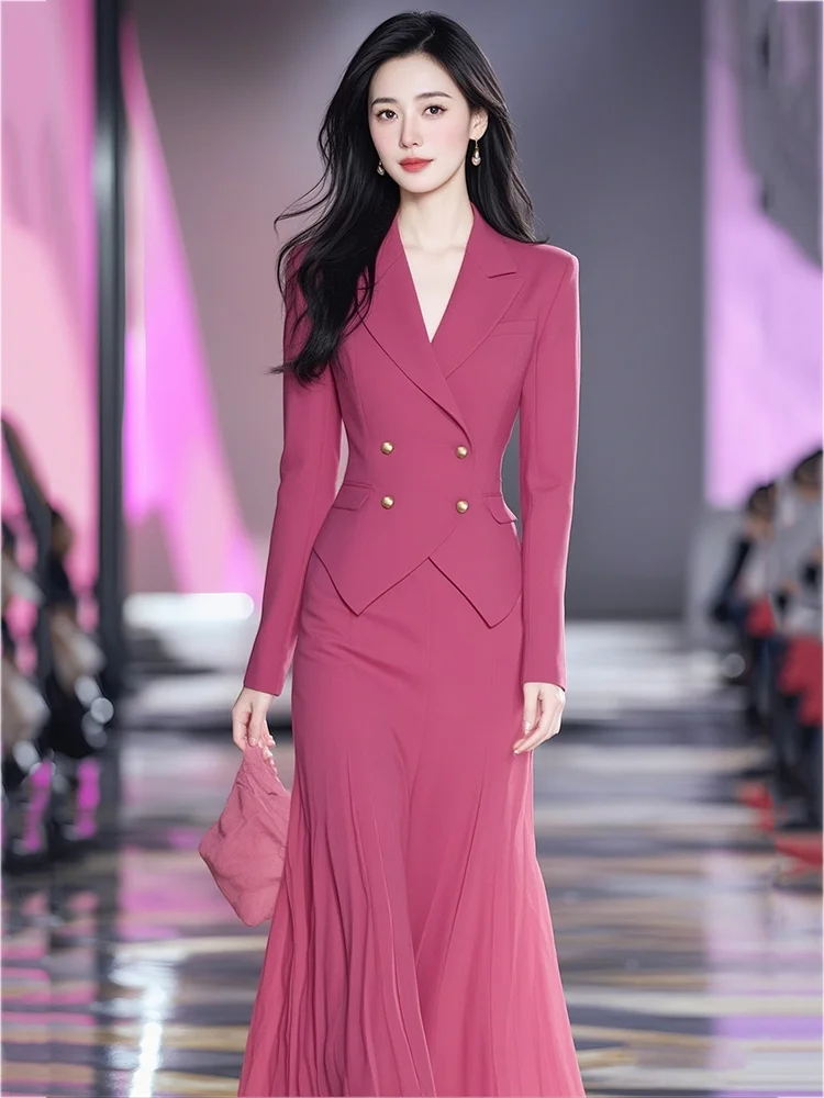 Traje de mujer a la moda primavera y otoño estilo coreano temperamento rosa traje rojo media falda elegante conjunto de dos piezas para mujer