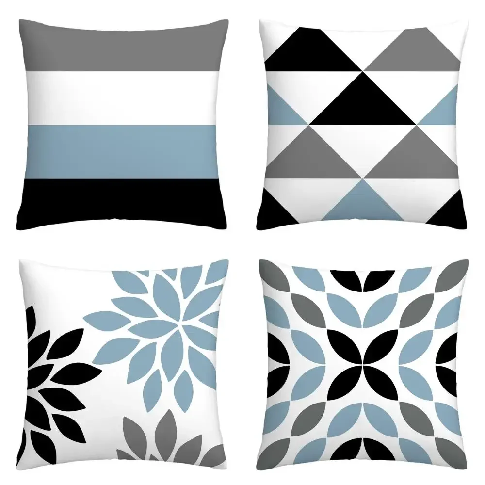 Blue black and white simple geometric pillowcase, living room sofa cushion cover, 60x60 can be customized, your home decoration