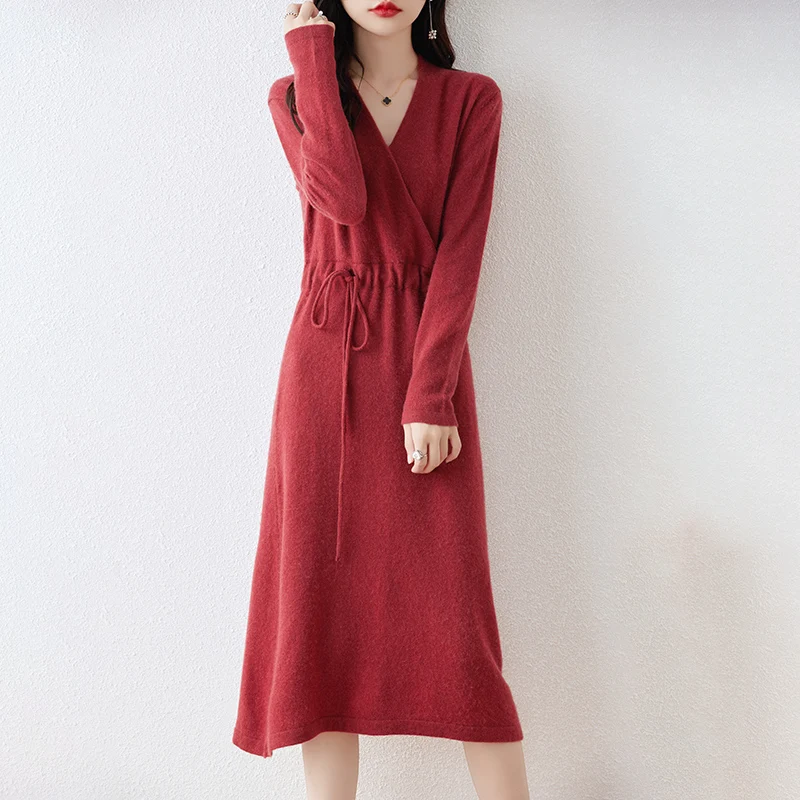 Autumn And Winter New 100% Pure Wool V-Neck Solid Color Lace-Up Long Cashmere Knit Bottoming Sweater Dress