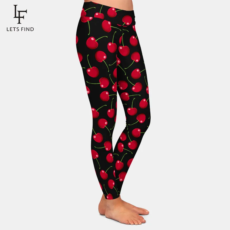 LETSFIND Fashion Legging Wanita Motif Buah Baru Ceri Merah Cetak Digital Legging Fitness Ramping Lembut Pinggang Tinggi