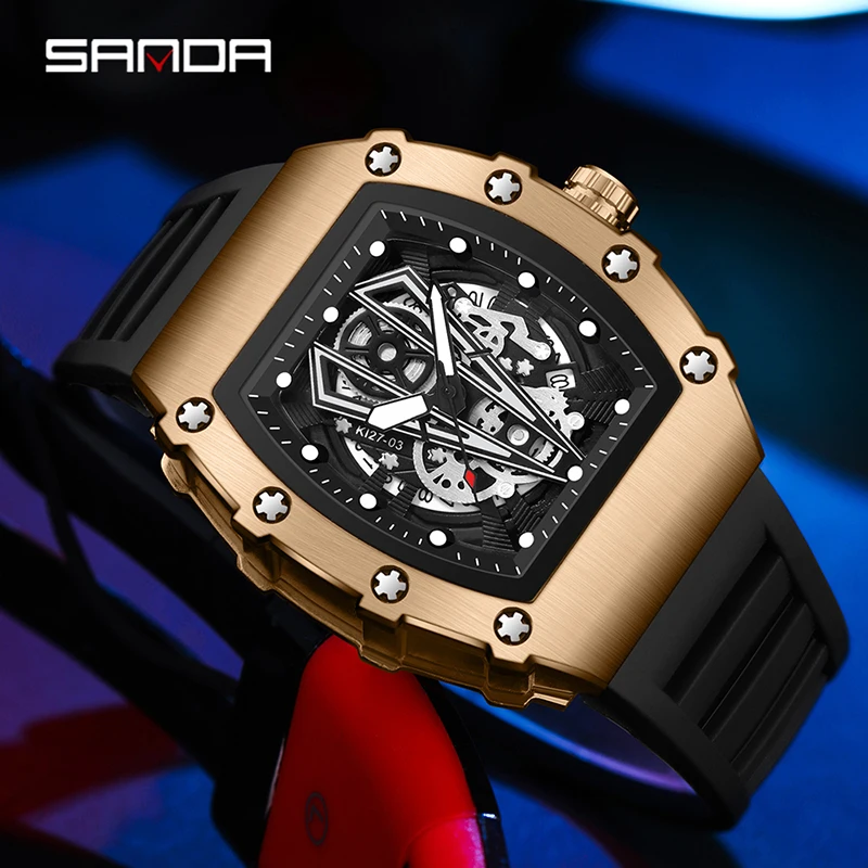 SANDA 7059 модные дизайнерские мужские кварцевые часы Tonneau, повседневные Роскошные деловые наручные часы с силиконовым ремешком, мужские часы