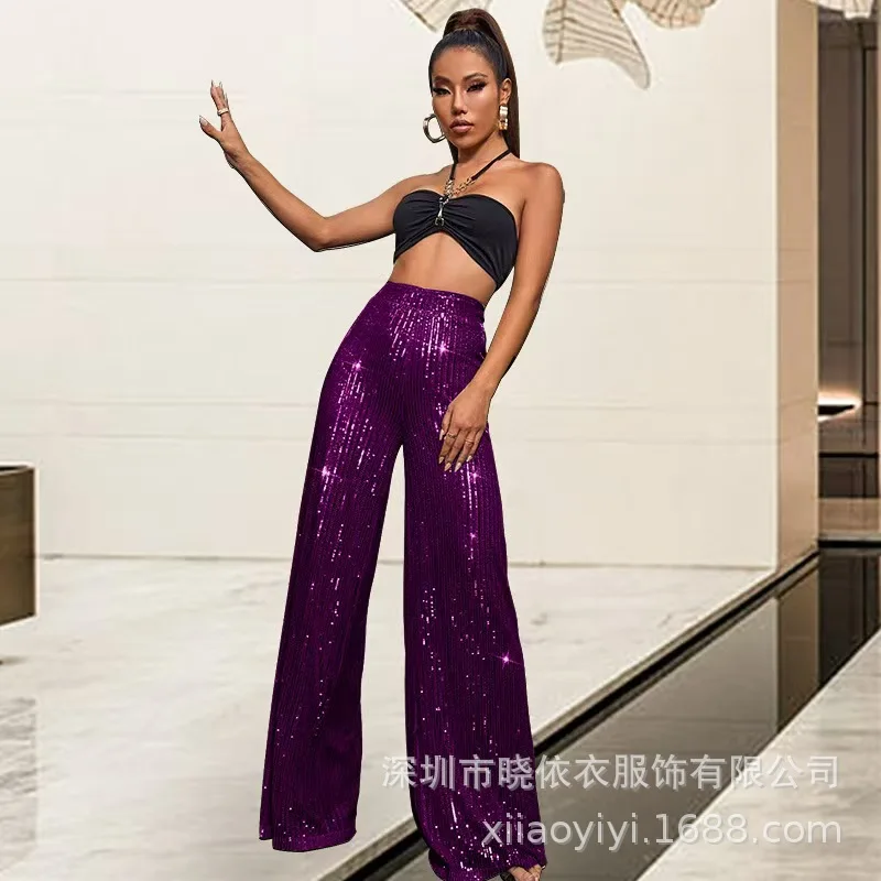 New Women's Solid Color Wide-leg Pants Casual Fashion Elegant Black Sequins Holiday For Women Long Pant Womens Clothing