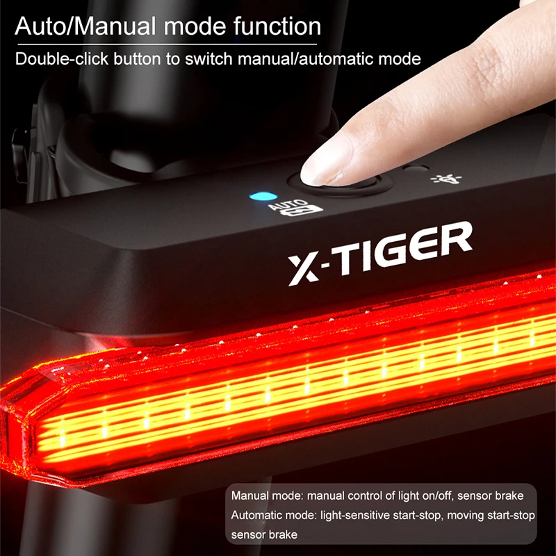 X-TIGER Bike Rear Light Smart Brake Sensing Light Bicycle Tail Light LED Charging Taillight Cycling Accessories