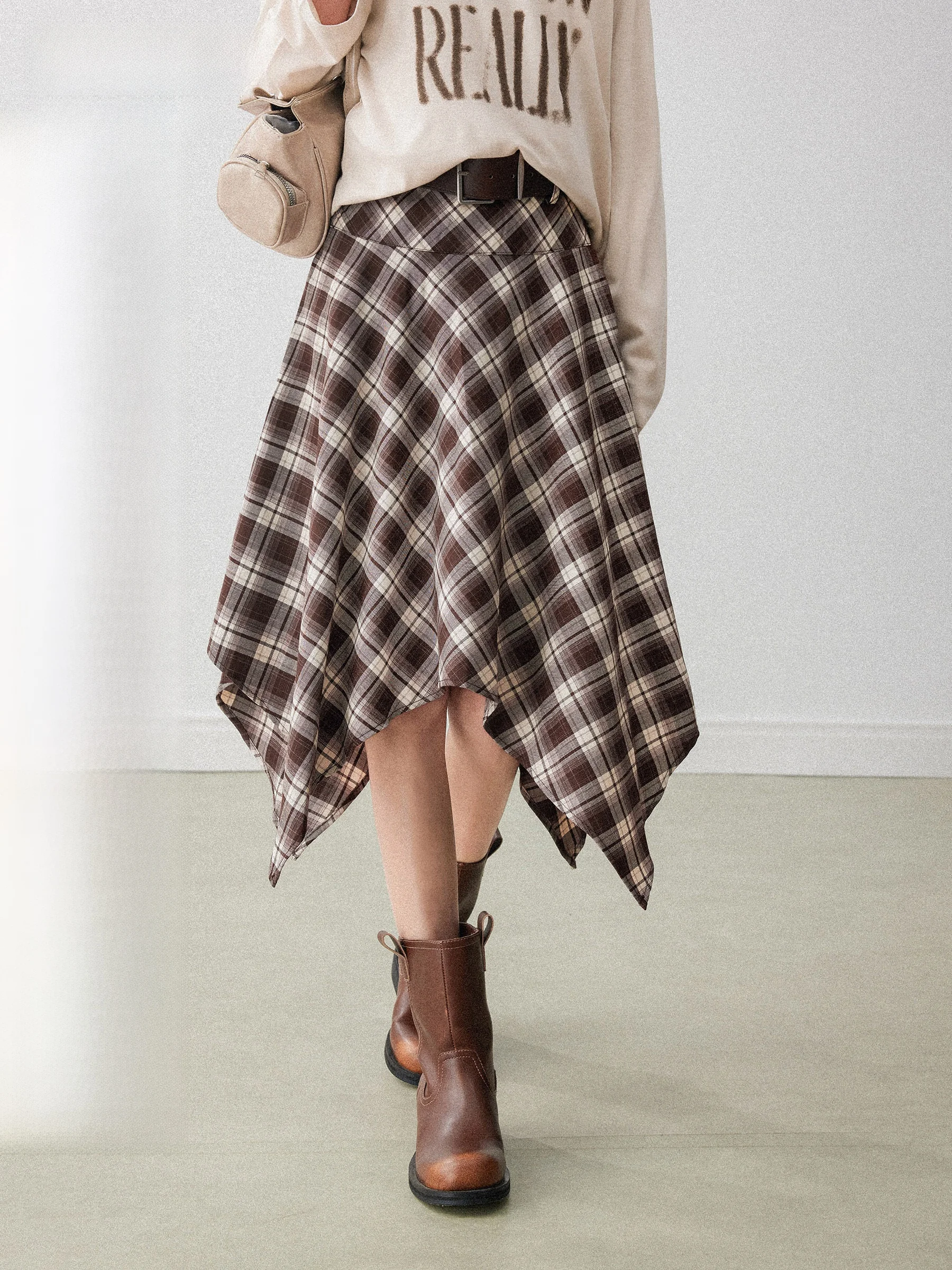 

Женская юбка миди А-силуэта с высокой талией, в клетку, кофейного цвета, асимметричная, стройнящая, повседневная, весна 2026, новинка