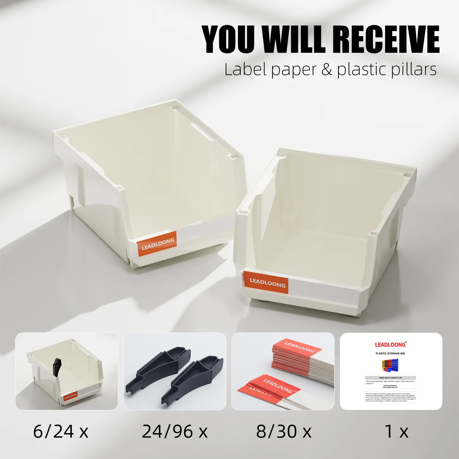 LEADLOONG White Parts Bin 6/24pcs 13.5x10.5x7.6cm/5x4*3inch Stackable Plastic Garage Tool Storage Box Container Organizer Bin