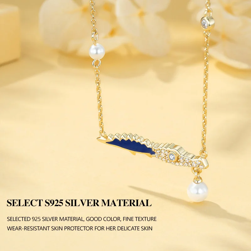 AMGROCK 925 Silver Gold Pearl Crocodile Necklace For Women Trending Wedding Gift Fine Jewelry