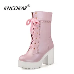 KNCOKAR Autumn Winter New Elegant Lace Lacing Belt Europe And America Boot Thick Heel High Heel Round Head Female Shoe