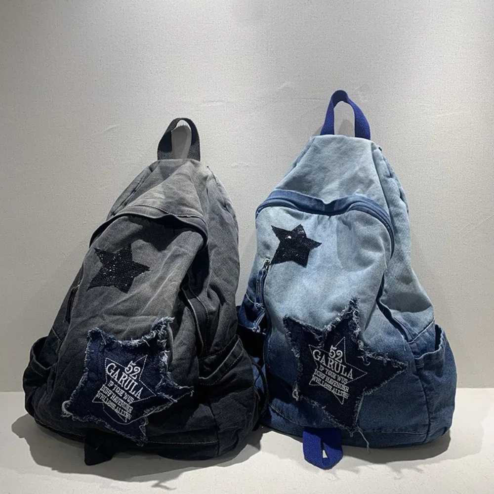 Mode große Kapazität Denim Star Rucksack y2k alle passen doppelte Umhängetasche Unisex Stern Muster Schul rucksack im Freien