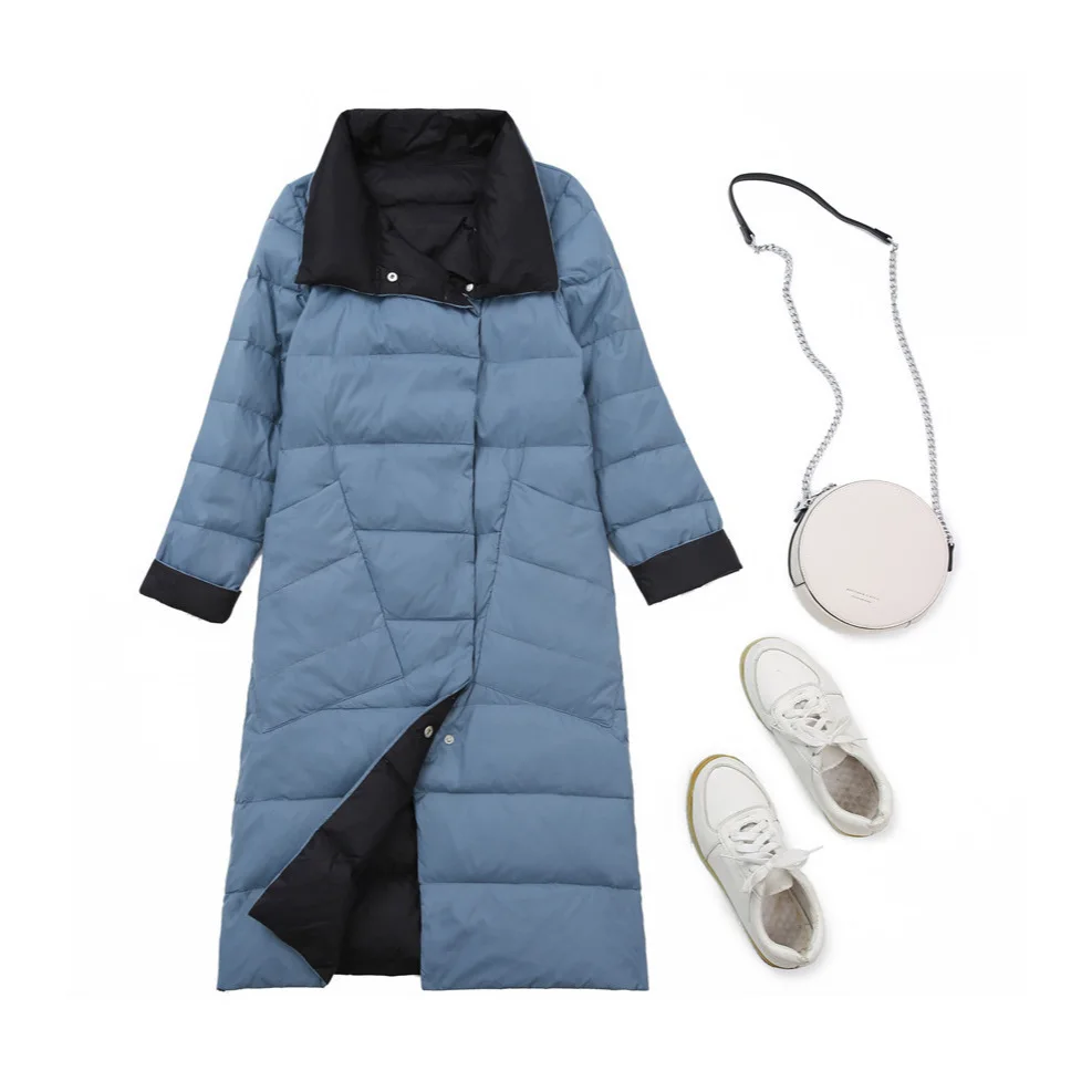 Indossare su entrambi i lati Cappotto imbottito leggero lungo bianco Du down Jaet da donna con colletto alla coreana stagione primaverile