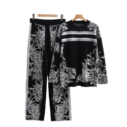 Vintage Elegant Loungewear 2PCS Knit Pants Set Ink Floral Knit Sweater Matching Sets Women Casual Knitted Two Piece Sets Women