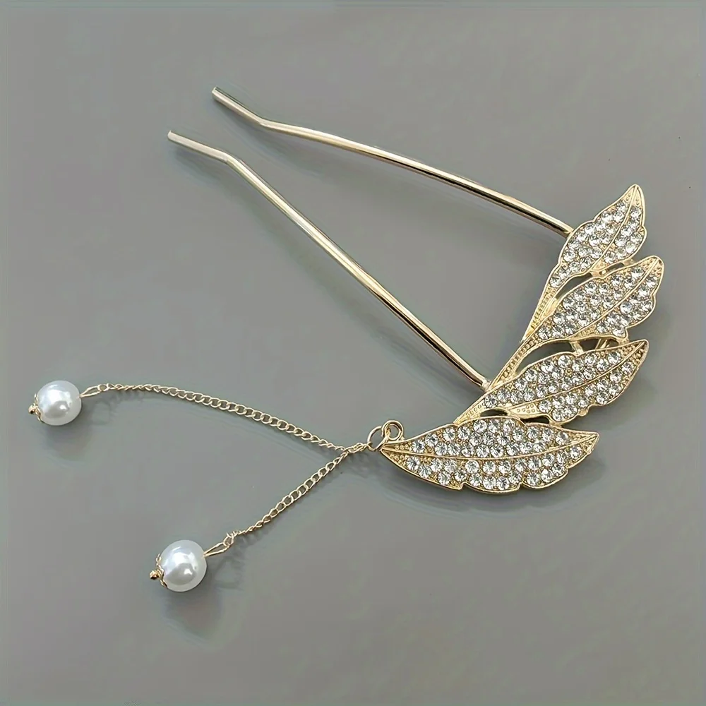 Leaf Alloy Hairpin Elegant Imitation Pearl Tassel U-shaped Hair Fork Ancient Style Exquisite Back Head Plate Hair Accessories