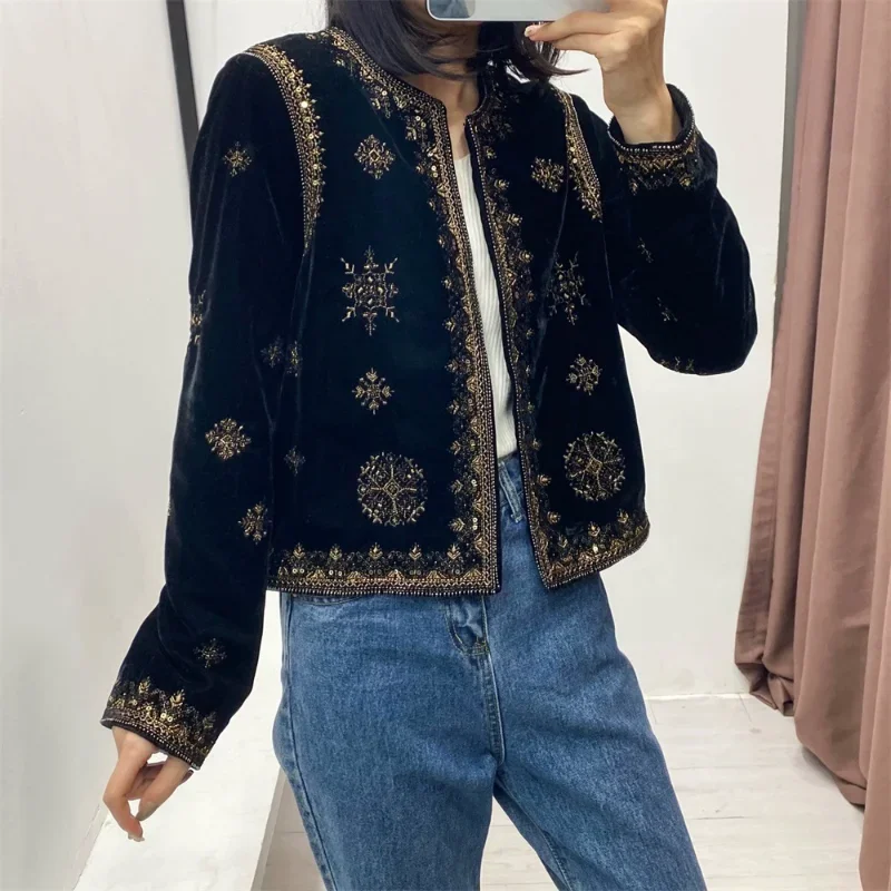 

2025 Zarb Spring/Summer New Women's Fashion and Versatile Slim Fit Trendy Palace Embroidered Velvet Coat