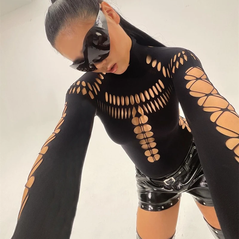 Sexy Slim Fit Long Sve  Suit Hollow out Stand Collar for Women Bla High Street Sle High Waist ort Pants