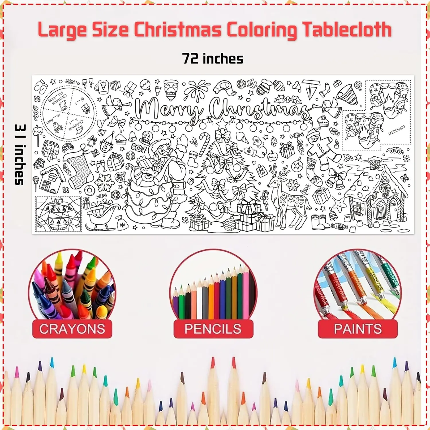 Christmas Giant Coloring Poster Tablecloth for Kids Coloring Table Cover Santa Reindeer Xmas Gifts Christmas Crafts Decoration