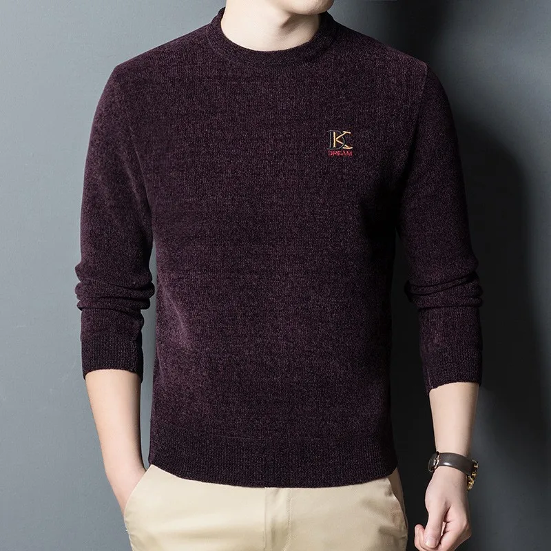 2023 New Winter Fashion Trend Solid Color Round Neck Embroidery Stitching Knitted Long Sleeve Casual Plush Men's Sweater Tops