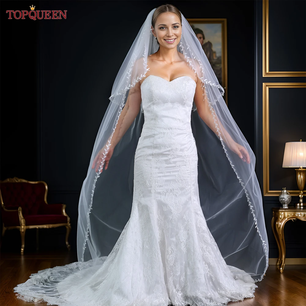 

TOPQUEEN V141 Women's Catholic Veil 2-Layer Leaf Lace Edge Covered Blush Fingertip Off-White Ivory Bridal Wedding Accessories