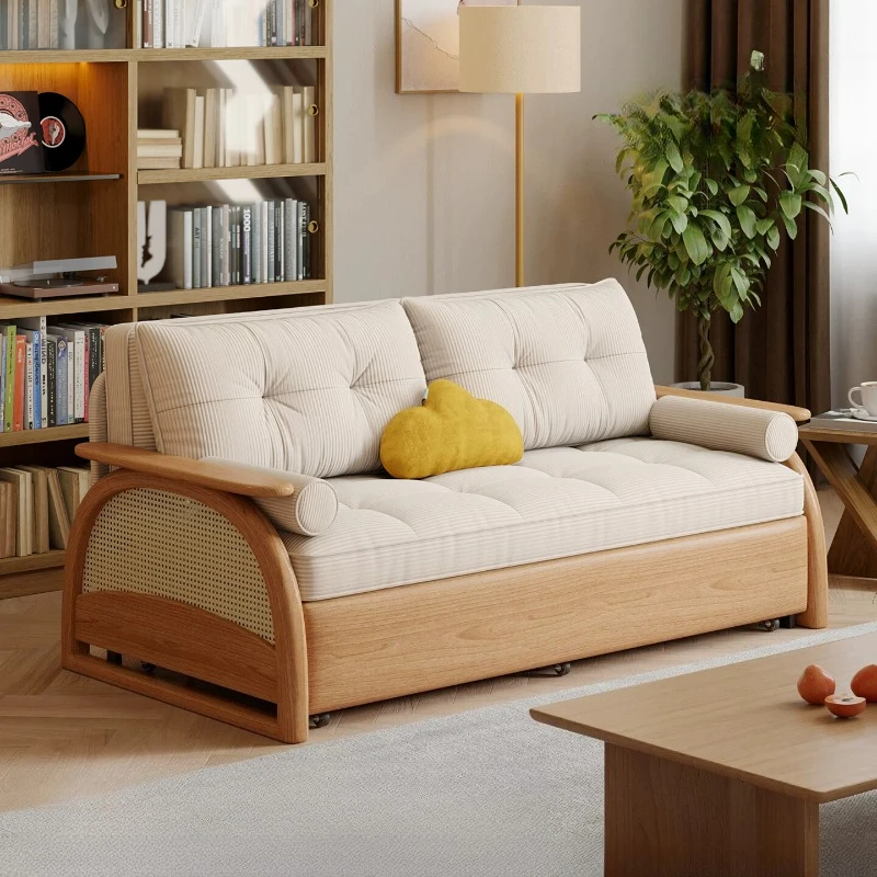 

Wooden Sofa Bed With Foldable Function Modern Multifunctional Retractable Bed Armchair For Living Room Storage Couch Furniture