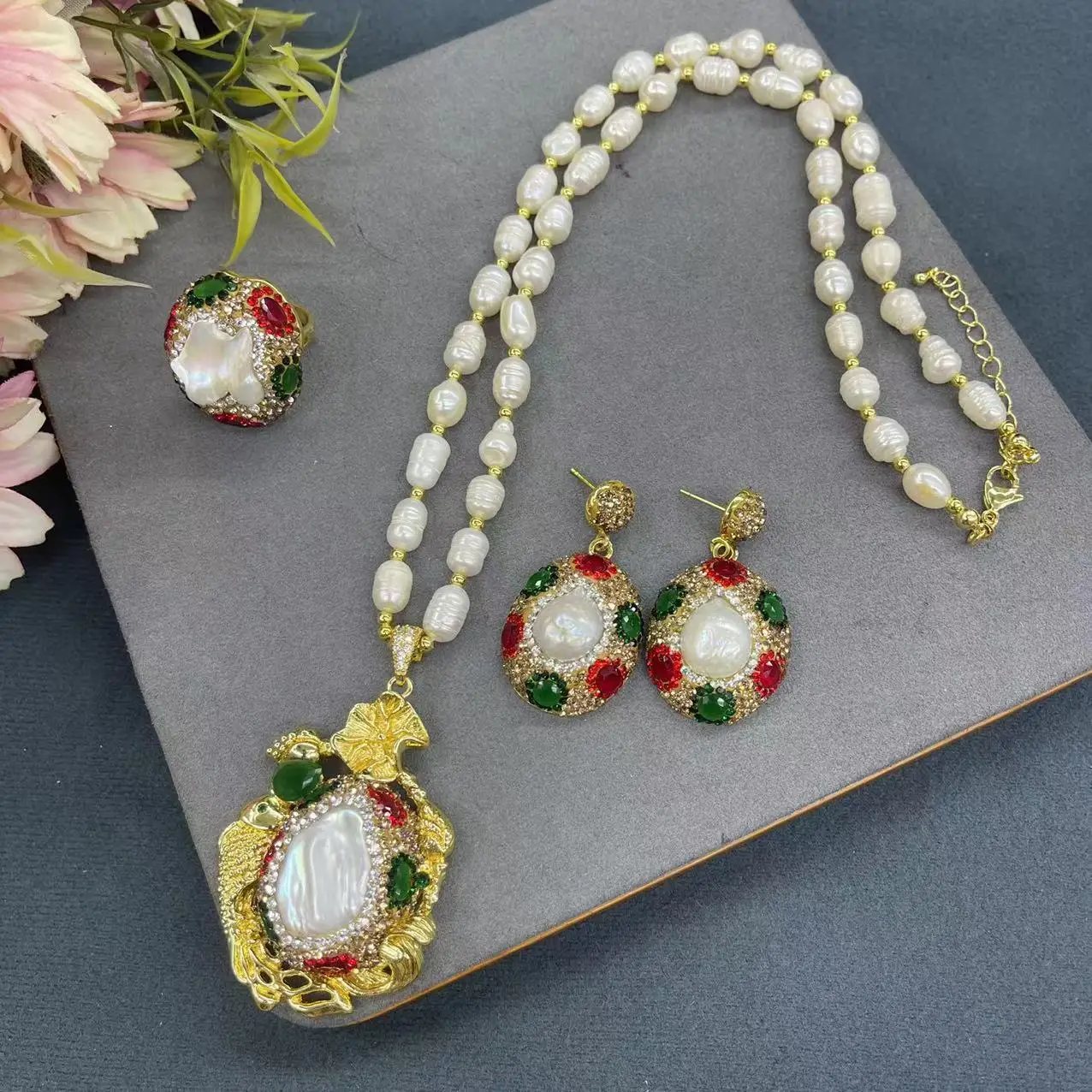 

DIY accessories New Natural Pearl Set Baroque Pearl Pendant Fashion Handmade Design Inlaid Crystal Color Retaining Electroplatin