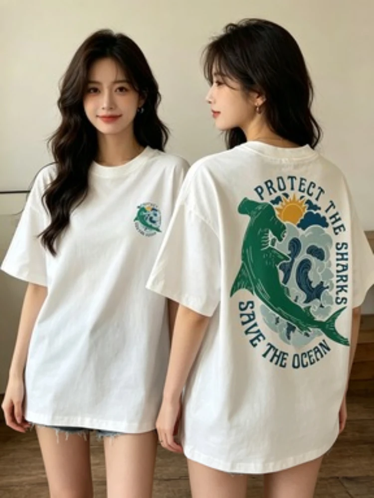 Protect The Sharks Save The Ocean T Shirt Women Men Summer Casual Hammerhead Shark Graphic Short Sleeve Loose Harajuku Beach Top