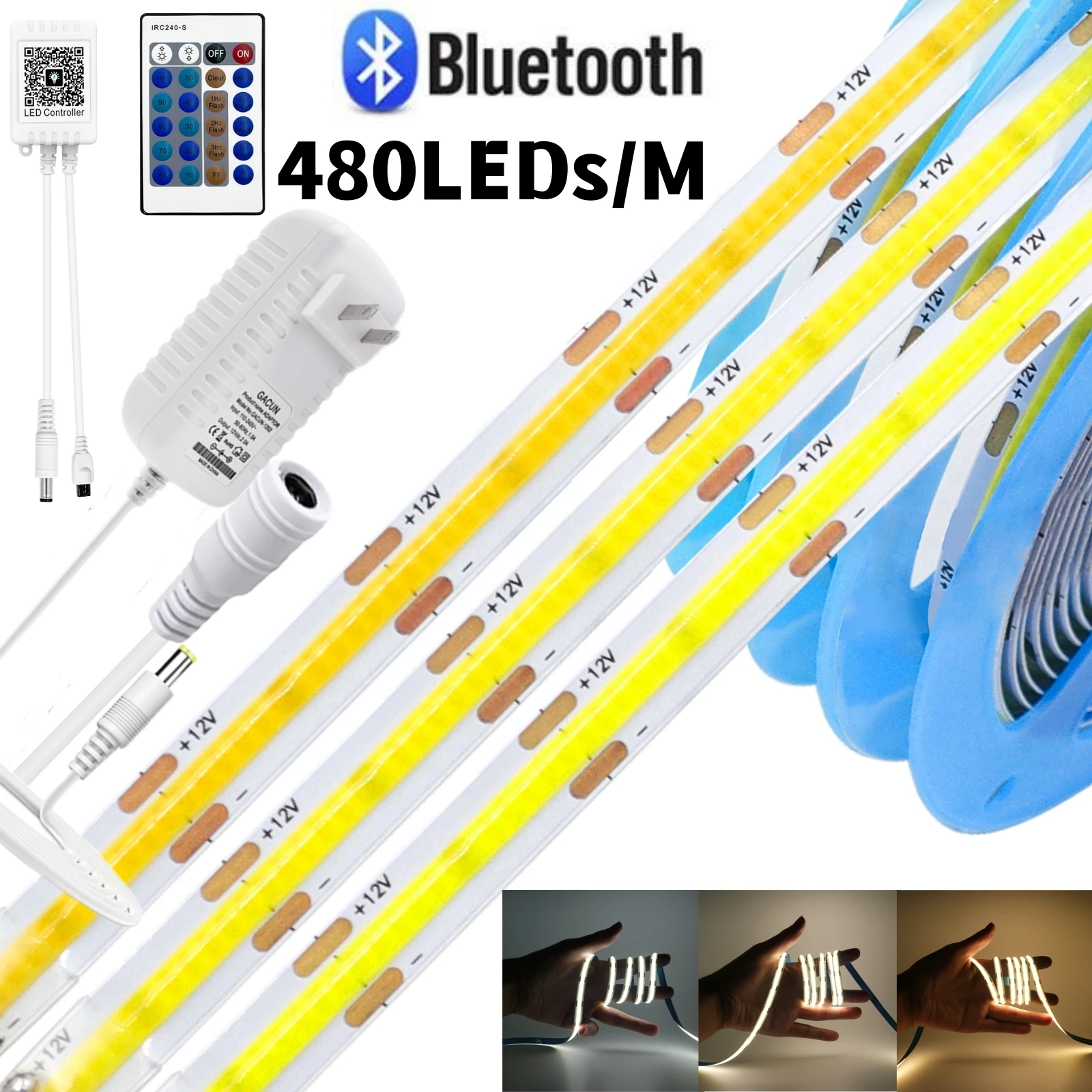 

320/480LEDs COB Bluetooth Light Strips 12V 24V Dimmable RA90 High Density Flexible Ribbon Linear Lighting 3000K 4000K 6000K DIY