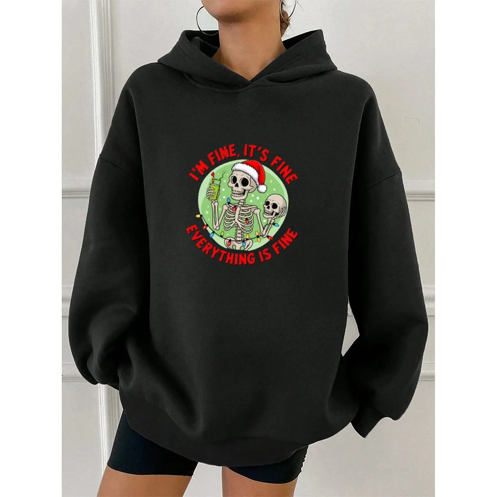 سويت شيرت نسائي بقلنسوة لعطلة عيد الميلاد باللون الأسود والرمادي كما يظهر الصور من نسيج البوليستر المريح بأكمام طويلة #6