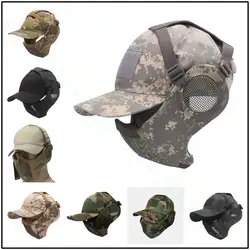 Tactical Airsoft Military Mask Half Face Strike Metal Mesh Protective Skull Mask & Cap Ear protection Hunting Accessories