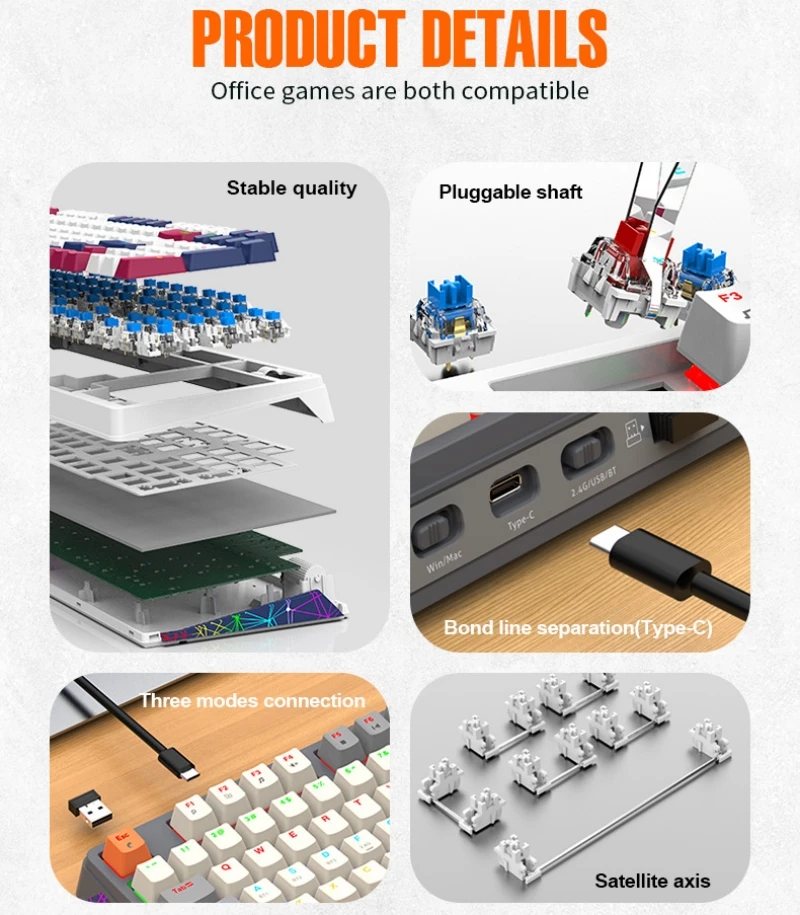 Wireless Mechanical Keyboard Hot Swap 100 Keys 98% Layout Russian Spanish Korean Arabic Bluetooth Connect Blue Red Switch K6