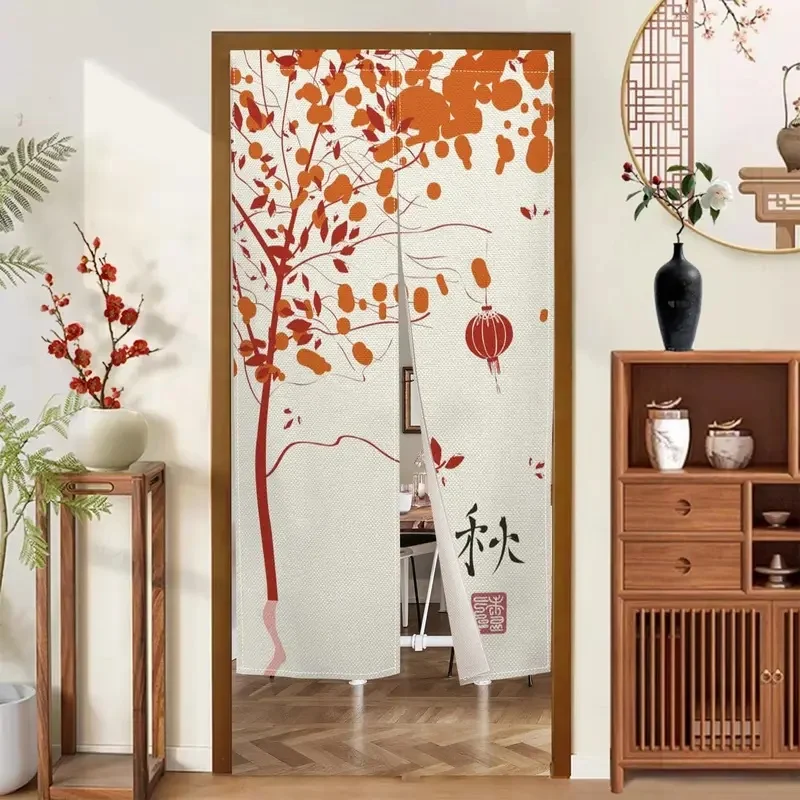 VIKAMA Autumn Tree Noren Door Curtain, Chinese Fall Calligraphy & Red Lantern Fabric Room Divider for Home Decor