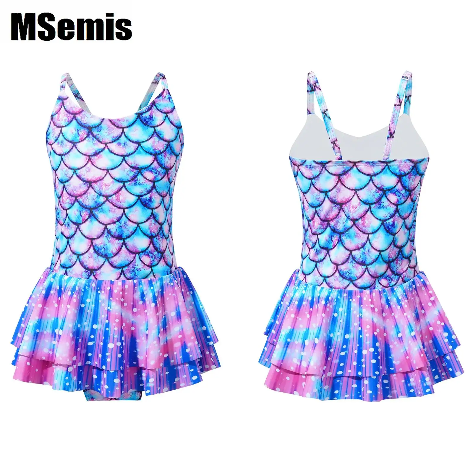 

Kids Girls Mermaid Swimsuit One-piece Fish Scales Print Swimsuit Straps Ruffle Flounce Jumpsuit Surfing Beach Suit Rash Guard