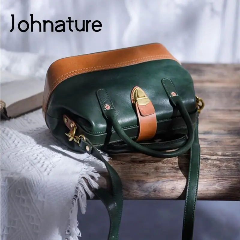 Johnature Vintage Doctor Bag Genuine Leather Large Capacity Commuter Women Shoulder Bags Real Cowhide Color Contrast Handbag