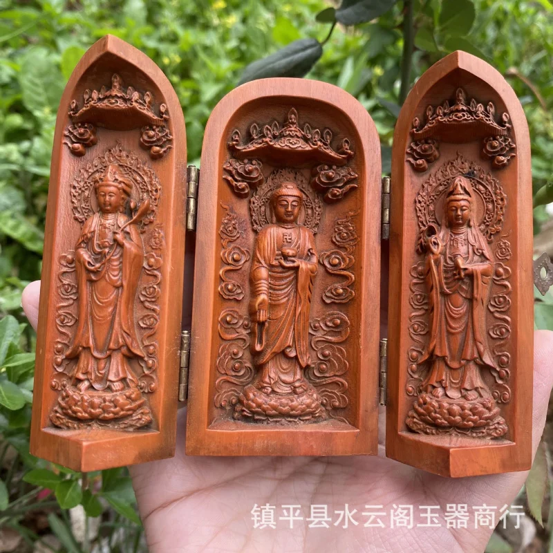 

Wholesale Wooden Portable Buddha Shrine Buddha Statue Guanyin Bodhisattva Three Saints Guanyin Guan Gong Three-Opening Box Woode