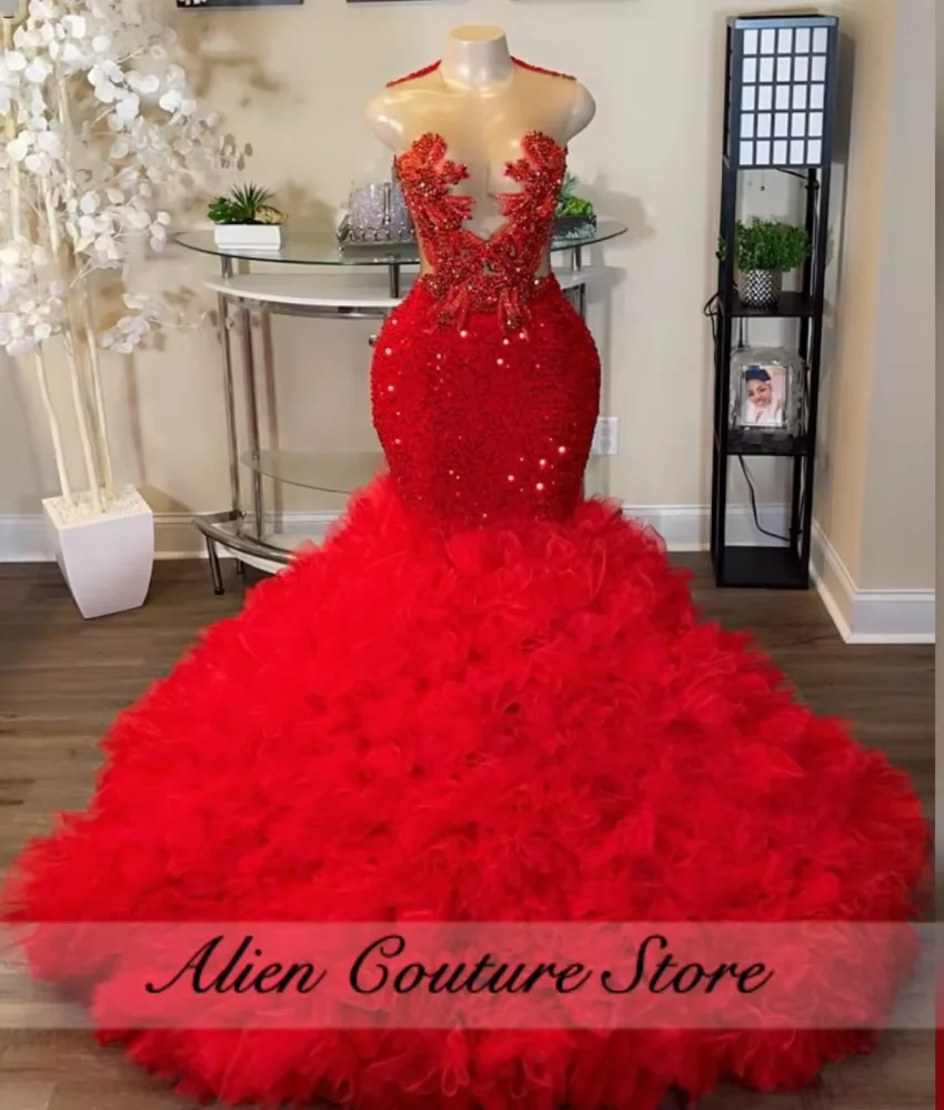 Robe de bal sirène rouge exquise, à volants, perles, cristaux, diamants, robe de soirée d'anniversaire, personnalisée