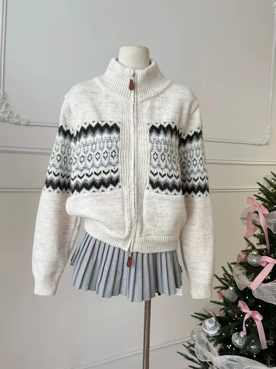 

Vintage Color Block Cashmere Sweater Knitted Woolen Cardigan Women's Autumn Winter Outerwear Warm Casual Jacket F172