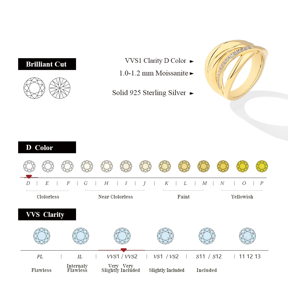 ATTAGEMS 2024 S925 Moissanite Ring for Women Sliver 18K Gold Plated D VVS1 Diamond 4-layer Line Wedding Jewelry Party Daily Gift