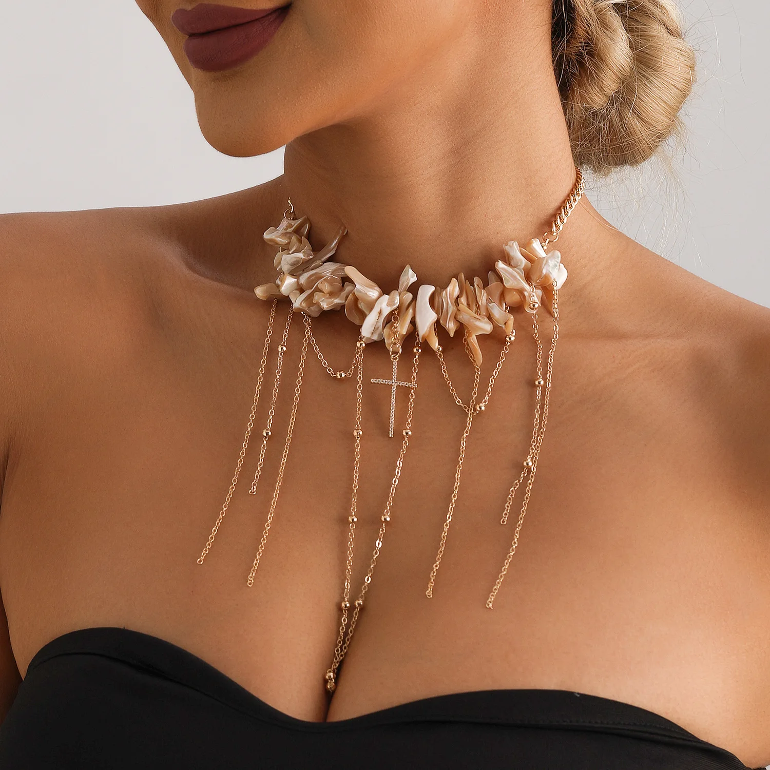 New Fashion Trend Accessories Irregular Shell Fringe Cross Mixed with Ins Retro Style Necklace Necklace Festivals Gift