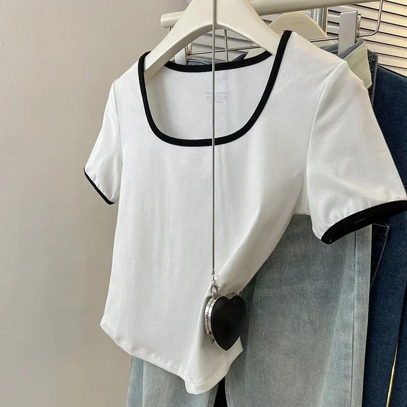 Feminino verão colheita topos de algodão sólido camisetas femininas esportivas manga curta moda casual branco preto roupas magro o-pescoço