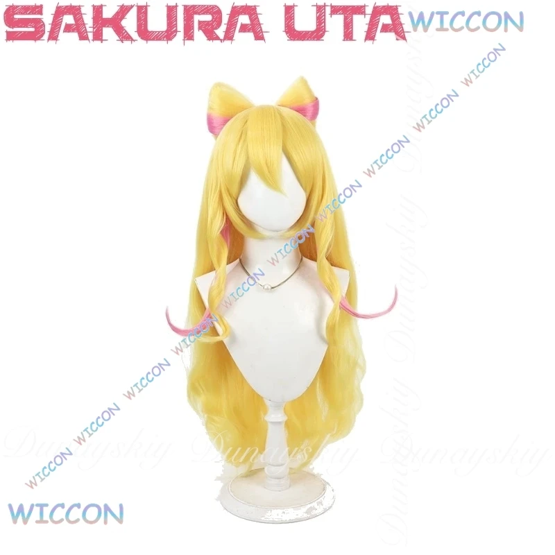 جميلة علاج أنيمي ساكورا أوتا تأثيري فتاة حية مبهجة مع شقراء طويلة شعر مستعار مجعد فستان وردي تأثيري حلي البدلة الكاملة