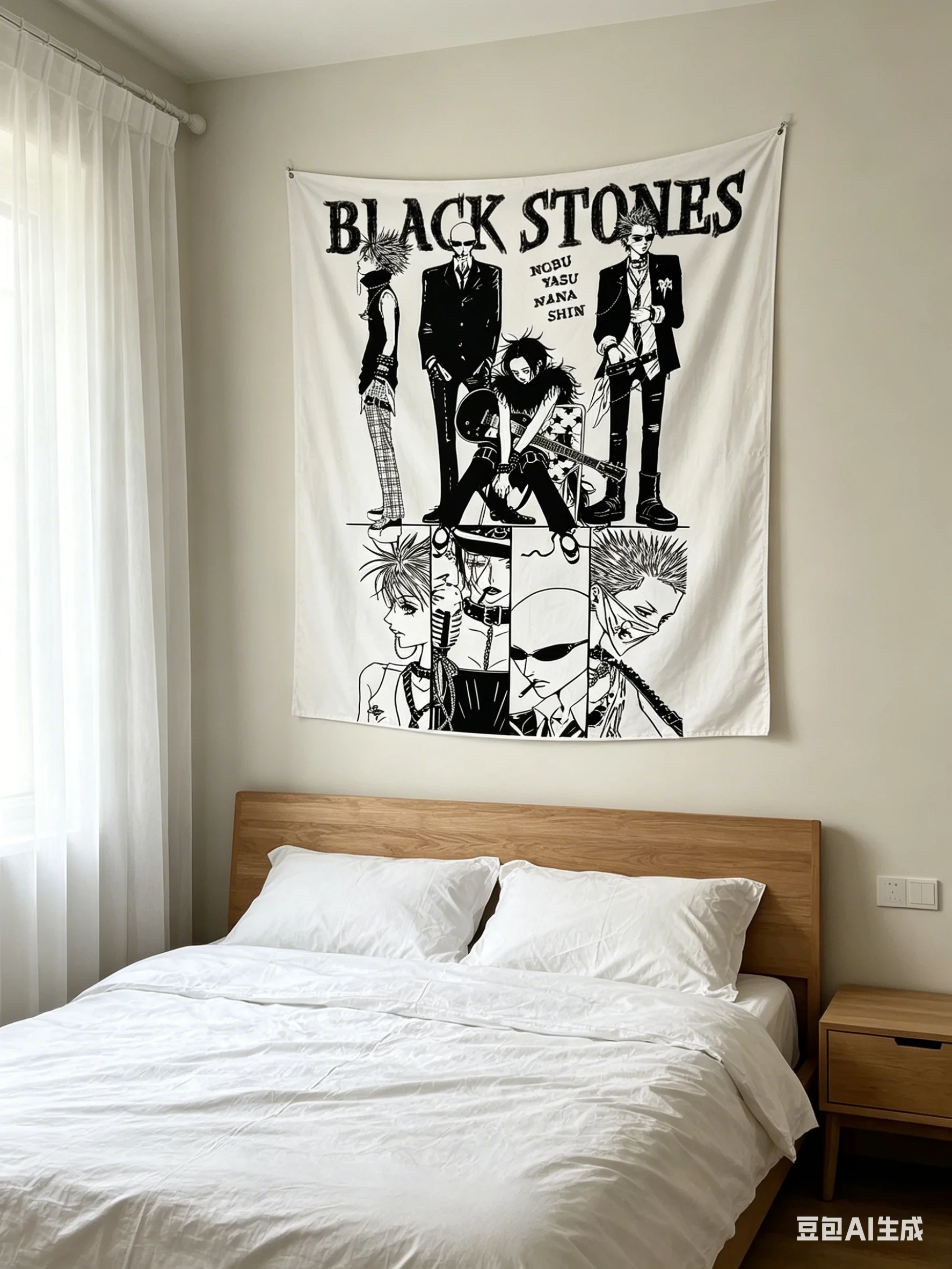 1PC Black Stones Band Tapestry, Anime Nana Inspired Wall Hanging, Punk Rock Aesthetic Room Decor for Bedroom Living Room