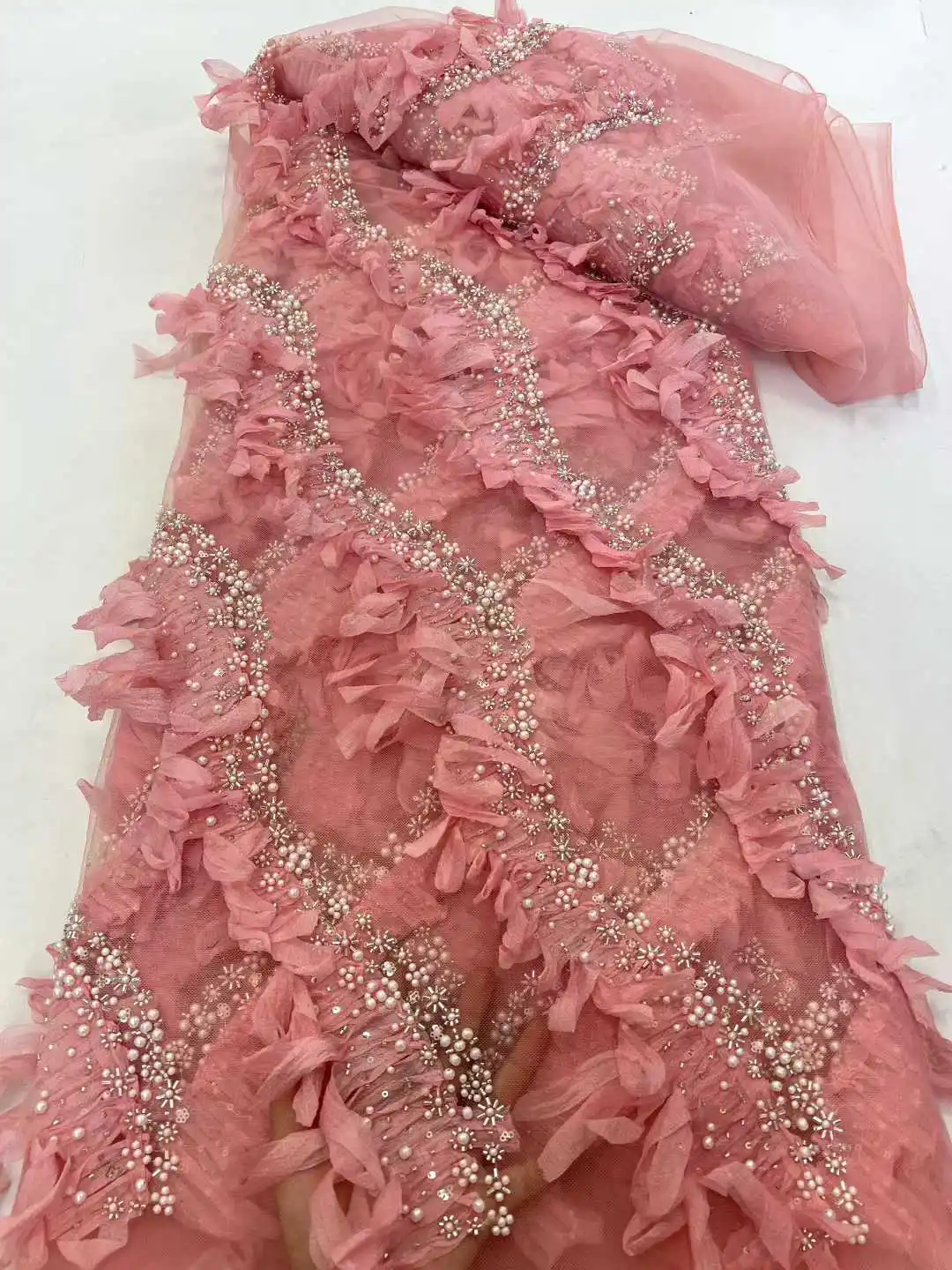 

Luxury African Lace Fabric Pink Tulle Lace Fabric 2026 5Yards Elegant Heavy Beaded Sequin Tulle Lace for Party Wedding Dresses