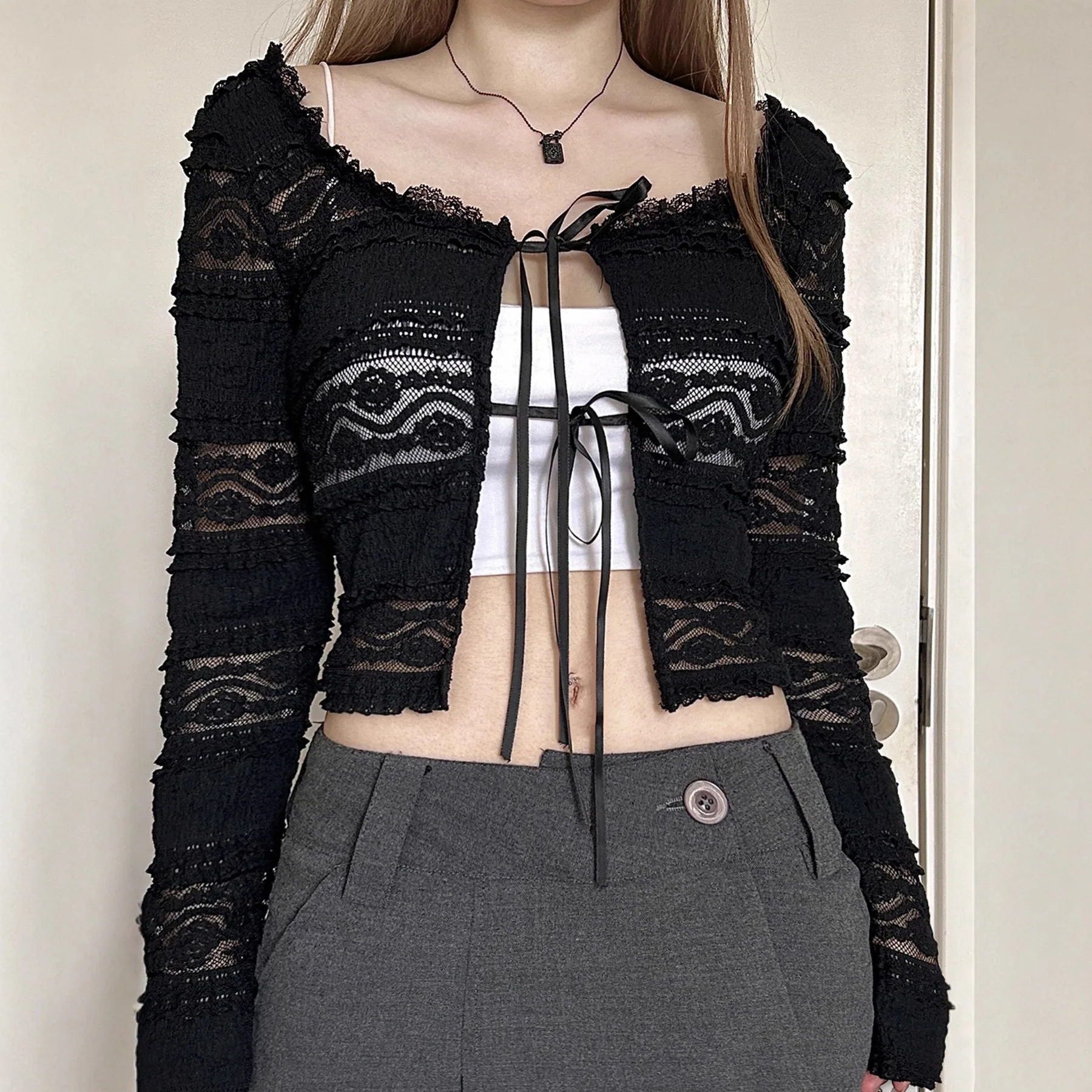 

Micro-transparent pure wind lace stitching tie bow long sleeve cardigan light ripe wild niche design overlapping tops